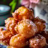 Stacked sugary doughnuts with a dusting of powdered sugar.