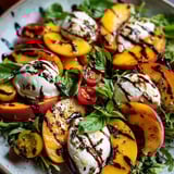A serving of cheese and peaches with greens on a plate.