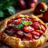 A golden mini pie busting with strawberries and fresh basil.
