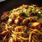 A bowl piled with noodles, chicken, and veggies.