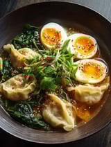 Soup bowl with a savory dumpling and egg inside.