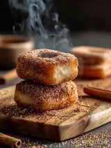 Stack of cinnamon donuts sitting on a wooden board.