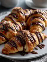 Croissants drizzled with chocolate on a plate.