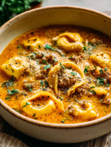 A bowl of soup with pasta and meat in it.