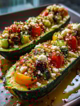 Two zucchinis stuffed with cheese and tomatoes.