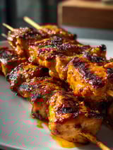 Close-up of honey chipotle chicken skewers on a white plate.