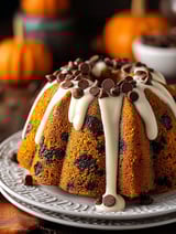 Bundt cake topped with chocolate chips and white icing.