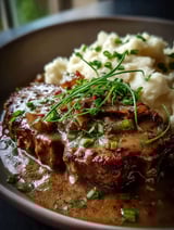 Close-up of tasty crock pot cube steak with creamy celery sauce