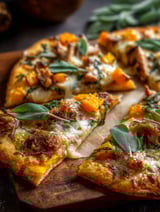 Pie topped with pumpkin, turkey, and sage on a wooden board.
