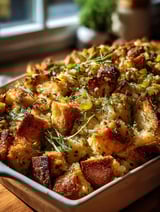 Herb-topped bread stuffing in a dish.