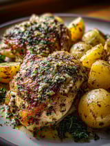 A plate showing chicken and potatoes topped with garlic and Parmesan cheese.