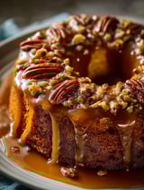 Slice of pecan cake topped with caramel.