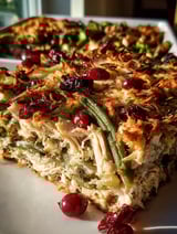 Casserole topped with cherries and green beans.