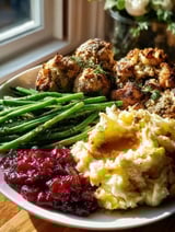Plate with cranberry sauce, mashed potatoes, and green beans.