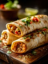 Two bean burritos on a wooden table.