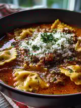 Bowl filled with lasagna soup from crock pot.