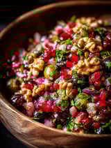 A bowl of food with a nut on top.
