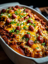 A bowl of cheesy chili dog bake.