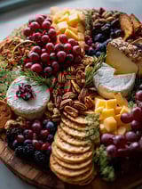 Various cheeses and crackers on a wooden board.