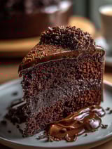 A chocolate cake slice topped with chocolate frosting