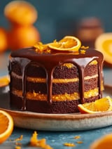 Chocolate orange cake with glossy ganache on top.