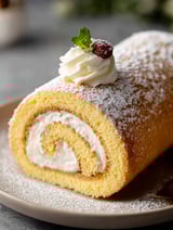 Slice of vanilla swiss roll cake topped with icing and a fresh mint leaf.