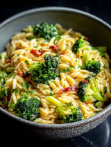 Bowl of orzo with broccoli