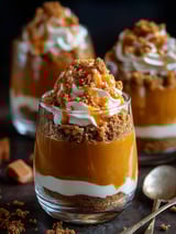 Glass filled with caramel pumpkin dessert.
