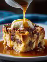 Slice of Orleans Bread Pudding topped with bourbon glaze