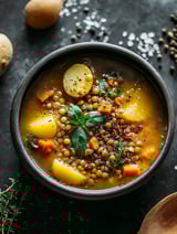 A bowl filled with cozy lentil and potato soup.