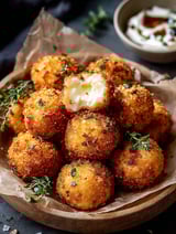 A bowl filled with crunchy fried goat cheese bites.