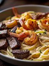 A bowl of Cajun Shrimp and Steak Alfredo Pasta.