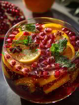 A glass of fruit with a lemon wedge in it.