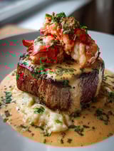 A tasty dish with lobster and steak.