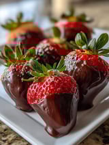 Chocolate covered strawberries on a plate.