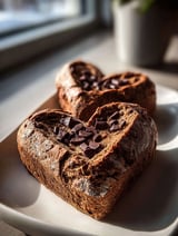 Two heart-shaped breads dotted with chocolate chips looking delicious.