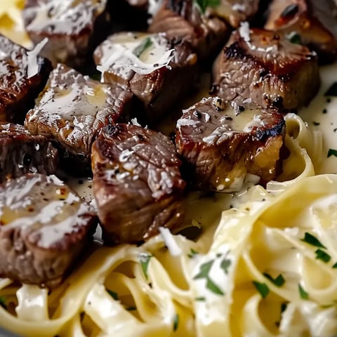 A plate of garlic butter steak bites and creamy parmesan pasta.
