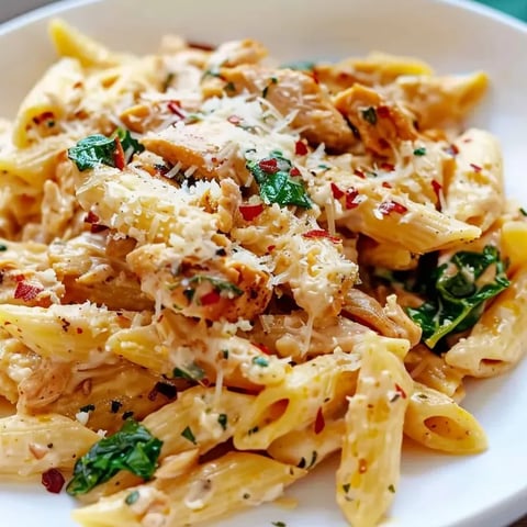 A plate of pasta with chicken and cottage cheese.
