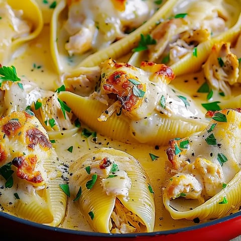 A plate of garlic butter chicken alfredo stuffed shells.