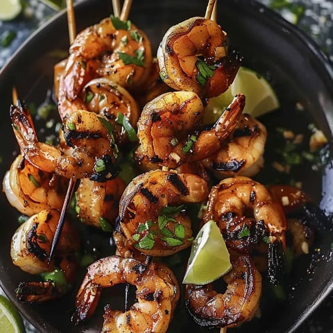 A plate of grilled shrimp skewers with limes.