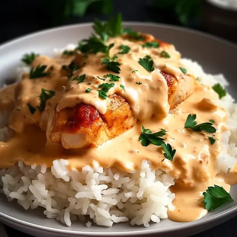 A plate of rice and chicken covered in cream sauce.