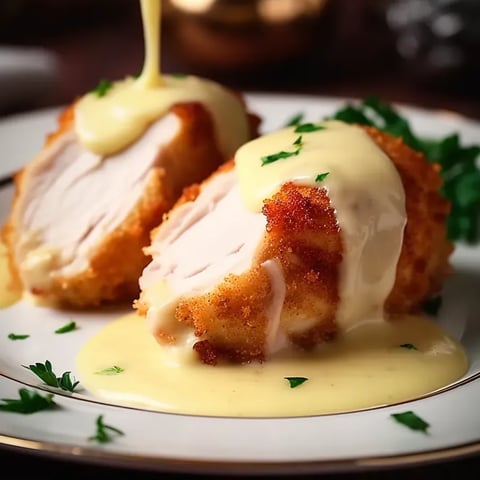 A plate of chicken cordon bleu with swiss cheese sauce.