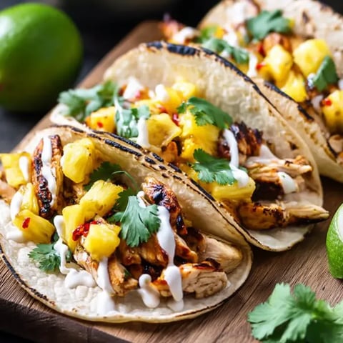 Three tacos with pineapple and chicken toppings.