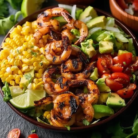 A bowl of grilled Mexican shrimp, corn, and avocado salad.