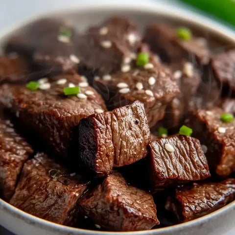 A bowl of beef with garnish.