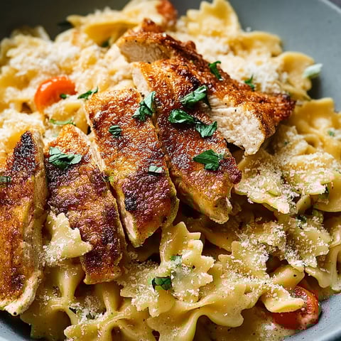 A bowl of pasta with chicken and cheese.