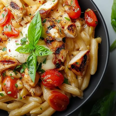 A bowl of chicken mozzarella pasta.
