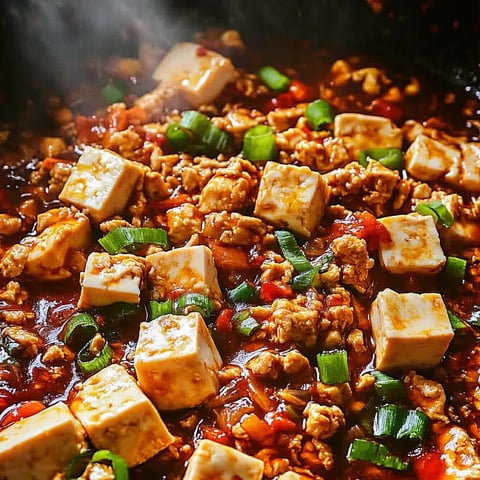 A dish of Mapo Tofu with green onions.