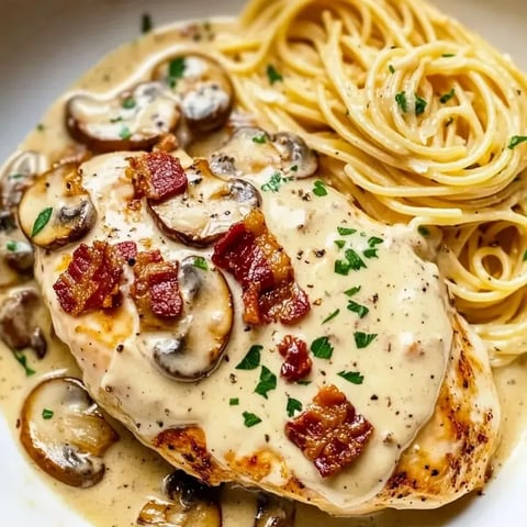 A plate of chicken with mushrooms and bacon.