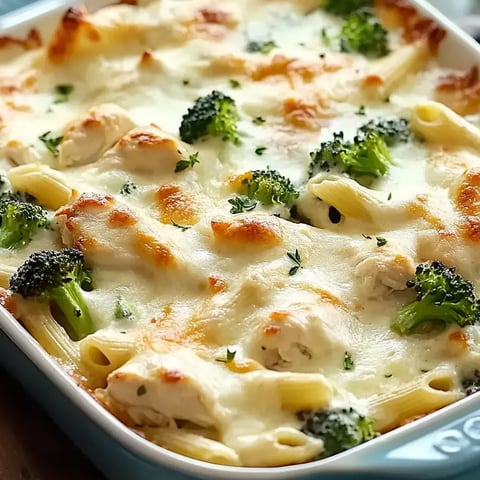 A dish of chicken and broccoli alfredo bake.
